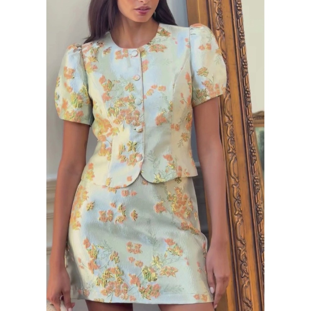 Kourt Aurea Floral Jacquard 2 Piece Skirt Set NWT Size 2 Blue Gold
